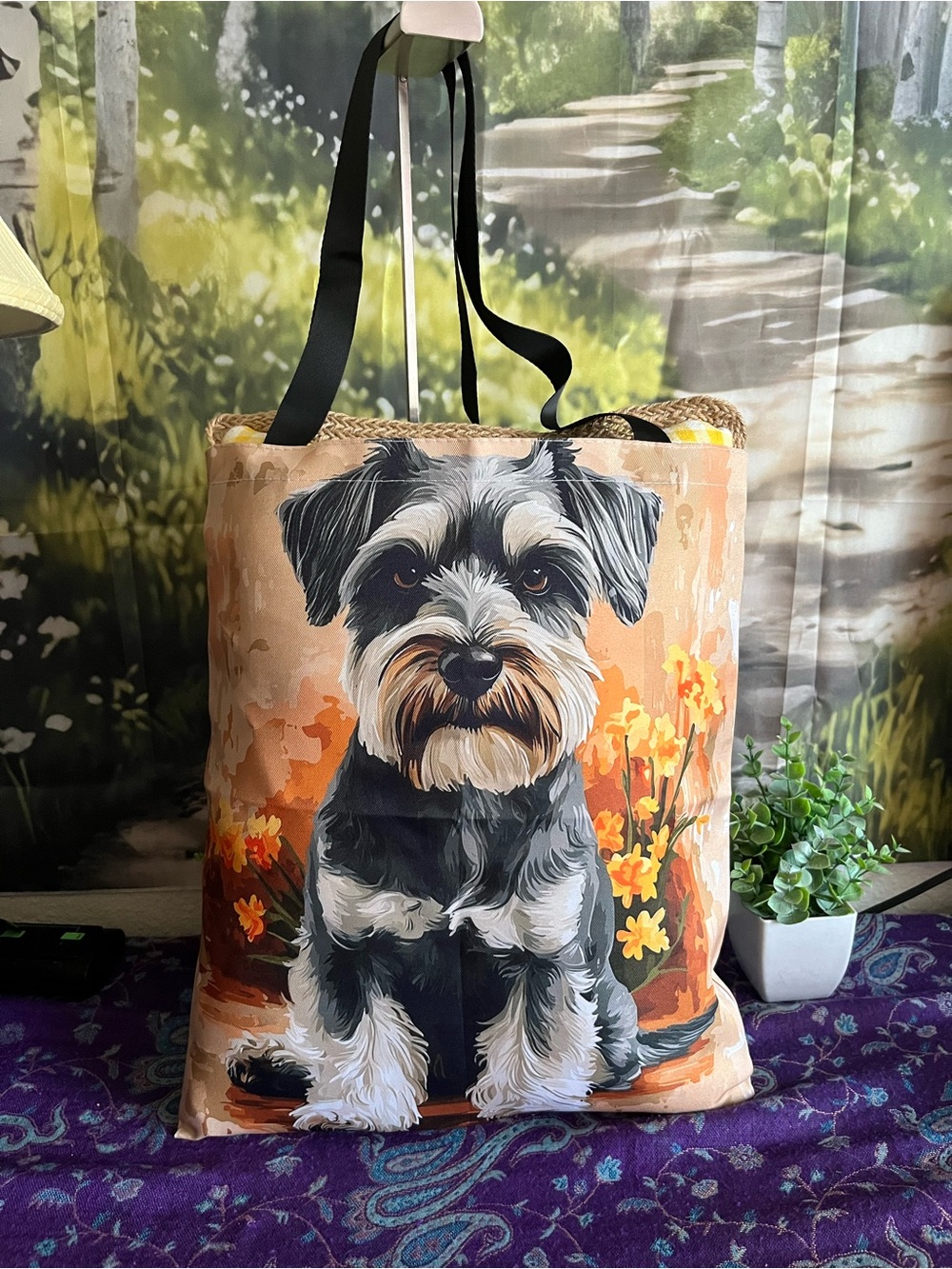 Dog Print Tote Bag - Peach/Orange Schnauzer Design